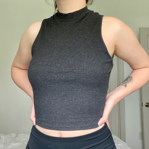 Grey Ribbed High Neck Top - Picture 2 of 3
